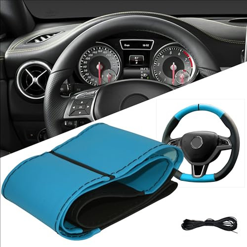 Xkeribom Lenkradbezug zum Schnüren Lenkradhülle Leder 37-38 cm 12 Uhr Markierung Türkis Blau Schwarz Sport