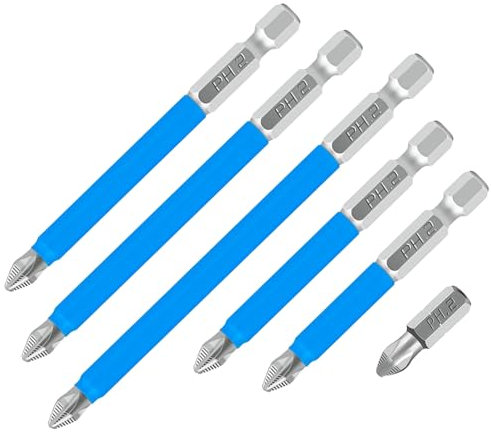 Qrity 6 Pièces PH2 Jeu D'embouts de Tournevis Magnétiques, Embout D'entraînement à Tête Cruciforme à Tige Hexagonale 1/4, Tournevis à Fente Cruciforme, 25mm/50mm/65mm/70mm/90mm/127mm