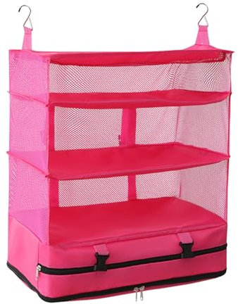 Folpus Hängendes Regal Garderobe Organizer Faltbares Hängendes Regal Gepäckorganisator Kleiderschrank Aufbewahrungsorganisator Schrank mit 3 Fächern für Schlafsaal, Schlafzimmer, Wohnzimmer, Rosa