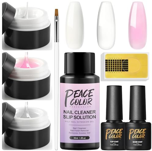 PEACECOLOR Builder Nail Gel Kit - 3 Colors Nail Extension Gel Kit Clear White Pink Nail Strengthen Gel with 30ML Nail Liquid Nail Brush Top Base Coat and Nail Forms for Nails Art Supplies