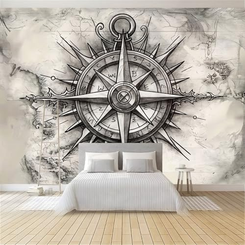 Foto Tapete Wandbild Grauer Vintage-Kompass 350x256 cm Tapete Vliestapete 3D Effekt Tapete Vlies Wandbild Wohnzimmer Schlafzimme Wanddekoration Fototapete