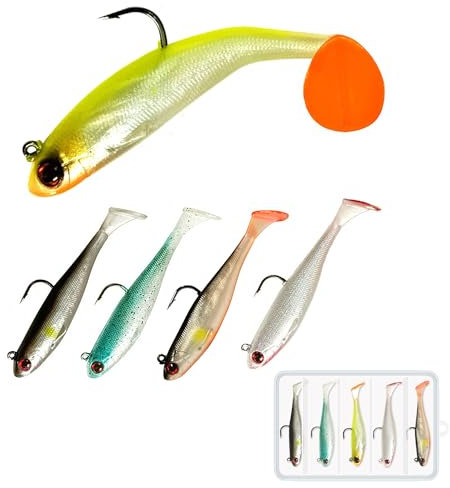 JXCTNNU Kunstköder Gummiköder 5 Stück Angelköder Gummifische mit Haken Köder Set Gummifische Fische Angeln Forelle Zander & Barsch Köder Jigköpfe mit Kasten Geschenke für Männer Frauen (8.5CM)