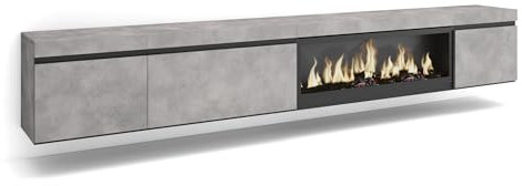 Skraut Home | Mueble TV | Televisión | Muebles de salón, almacenaje | 288x45x35 cm | para TV Gran Formato | Chimenea eléctrica XXL | Colgado, Suspendido | Estilo Moderno | Cemento