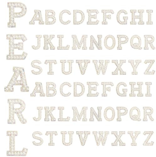 Windspeed 52PCS Pearl Iron On Letters, Self Adhesive Rhinestone Letters Patches A-Z English Pearl Iron Patches Alphabet Glitter Applique for Craft (White)