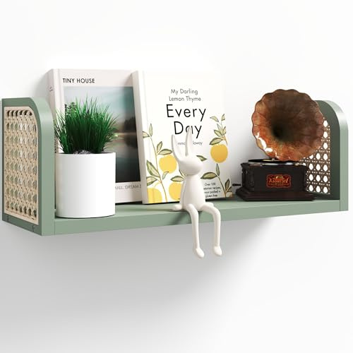 LUPWNEKA Grünes Rattan-Wandregal, hängendes Bücherregal aus Holz, niedliches Kinderzimmer-Regal, Wandmontage, Boho-dekorative schwebende Regale für Kinderzimmer, Wohnzimmer, Spielzimmer, Schlafzimmer