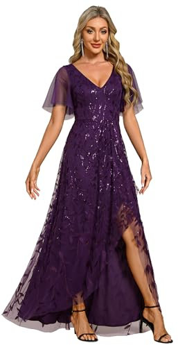 Ever-Pretty Women's Maxi Evening Dresses Sequin Embroidered Double V Prom Dress with Ruffles Sleeve Bridesmaid High-Low Dress Dark Purple 14UK