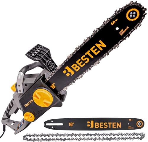 BESTEN Elektro Holz-Kettensäge 2400W Automatische Schmierung, Werkzeuglose Kettenspannung, Sicherheitsbremse, Schwert 40cm