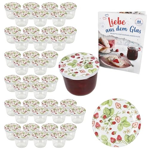 MamboCat 40er Set Sturzglas 230 ml mit Schraub-Deckel Wald-Erdbeere I Einmachgläser + to 82 Deckel mit Diamant-Zucker-Rezept I Vorratsgläser einkochen & konservieren