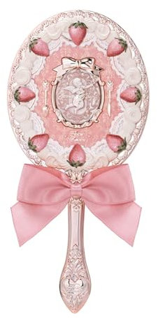 Flower Knows Handspiegel, tragbar, Vintage, langlebiges Metall, niedlicher und ästhetischer Prinzessinnenspiegel, mit langem Griff für einfaches Halten, Geschenk für Mädchen (Milchrosa, Erdbeer-Amor)