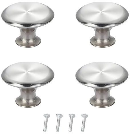 4 Pcs 30mm Cabinet Knobs Silver Polished Chrome Cupboard Knobs, Round Mushroom Door Pull Handles for Kitchen, Wardrobe, Dresser, Bathroom, Furniture