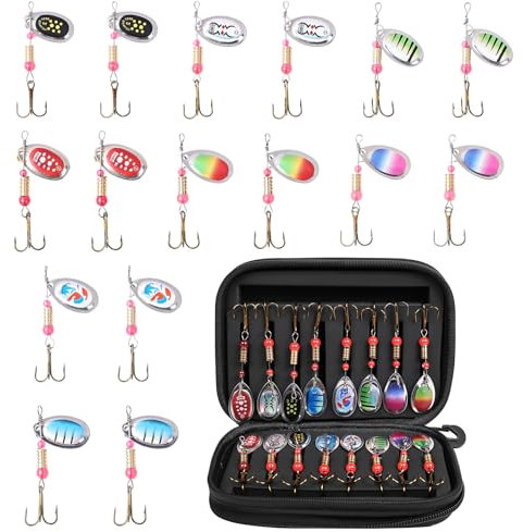 Vicloon Cebos de Cucharilla de Pesca, 16 Piezas Señuelos De Cucharilla de Pesca Spinner Cebo, Cucharas de Trucha Señuelos con Ganchos Agudos, Señuelos de Pesca con Bolsa, para Perca, Salmón, Lucio