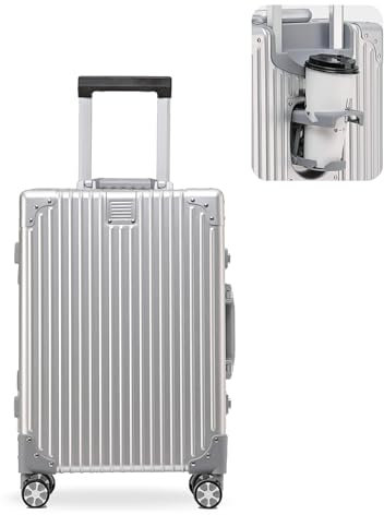 EclatVivid 1pc 24 inch 100% All Aluminum Large Suitcase, Zipperless Metal Suitcase, Full Aluminum Luggage with TSA Locks, Cup Holder(Silver, Checked in 24 inch)