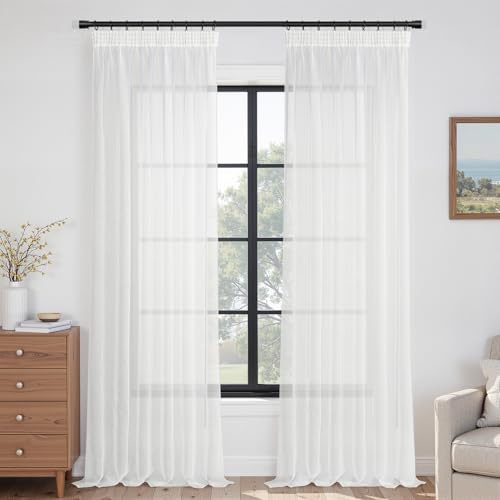 Topfinel Gardinen mit Kräuselband Weiß Vorhänge Halbtransparent Voile Gardine Wohnzimmer Modern 140x300cm (BxH) Vorhang Schlafzimmer Fenster Curtains
