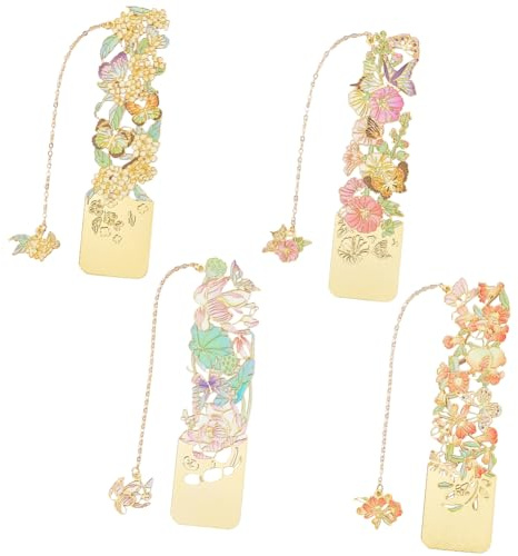 SOFPLATE 4Pcs 4 Styles Lotus Book Mark Metal Flower Bookmark with Chain Brass Colorful Hollow Blossom Chinese Style Floral Iron Enamel Bookmarkers for Readers Adults Students Book Reading Decoration