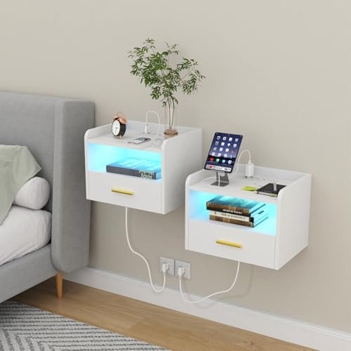 Nachttisch 2er Set Hängend, Nachttisch Wandmontage, Schwebender, Offenes Fach Und Einer Schublade, Leuchte mit 16 Farben, 2 USB Anschlüsse, 2 Steckdosen, Wohnzimmer Schlafzimmer