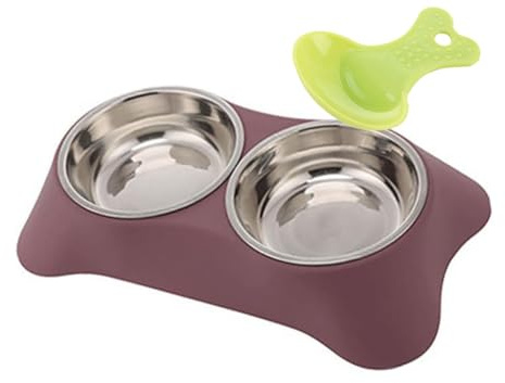 Double Dog Bowl,Non Slip Stainless Steel Double Bowls (Purple Red, S) | Non-spill Pet Double Bowls with 1 Pet Food Spoop For Small Dogs and Cats