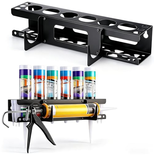 Vurixfo Silicone Tube Storage Holder, 6 Hole Mastic Caulk Gun Rack Metal Sealant Tube Holder Black Wall Mounted Mastic Cartridge Organiser for Workshop Garage Plumbers & Trade Vans, 40x8.5x8cm