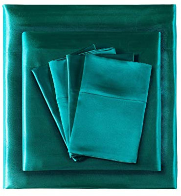 Madison Park Essentials Satin-Bettlaken-Set, luxuriös und seidig mit natürlichem Glanz, hochwertige 40,6 cm Tiefe Tasche, rundum elastisch – Ganzjahres-Bettwäsche, Queen-Size-Bett, Blaugrün, 6-teilig