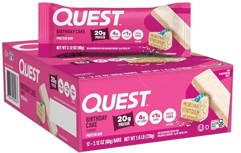 Quest Nutrition Bars, 60 g, Birthday Cake, Pack of 12 | <1g Sugar, 4g Net Carbs, 1g Sugar, Gluten Free, High Quality Protein, Soft and Chewy, Individual 2.12oz Bars
