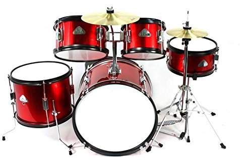 Batteria Junior 5 Pezzi in Multistrato di Betulla con Cassa da 16, Completa di Accessori, Colore Rosso