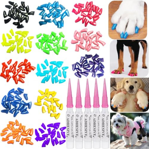 JOYJULY 100pcs Puppy Dog Nail Soft Claw Paws Covers Caps, Control Paws Claws Covers of 5 RANDOM+5 Glue