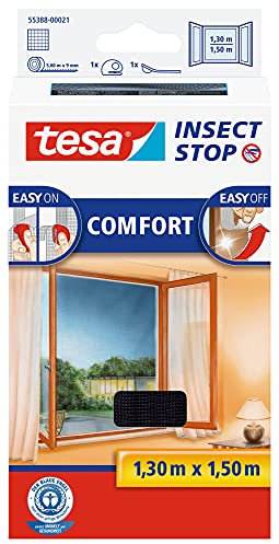 tesa Insect Stop Comfort Fliegengitter für bodentiefe Fenster/Insektenschutz mit Selbstklebendem Klettband in Anthrazit + 1 Rolle Fliegenfänger Gratis (3X 130 cm x 150 cm)