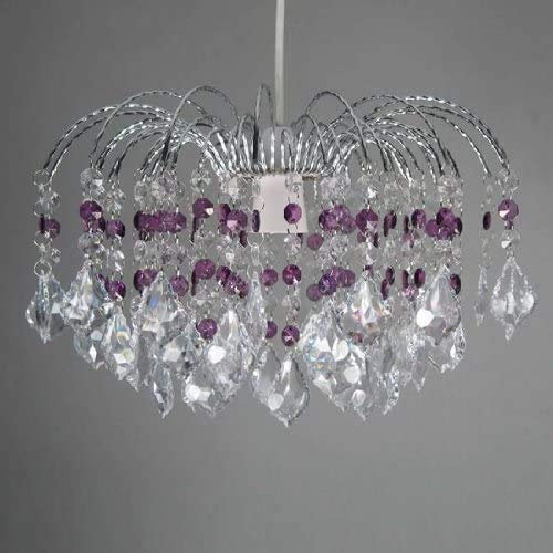 Nickel Frame Fountain Drop Pendant Ceiling Light Shade with Clear & Purple Acrylic Crystal Hanging Droplets(Fountain Drop Purple/Clear)