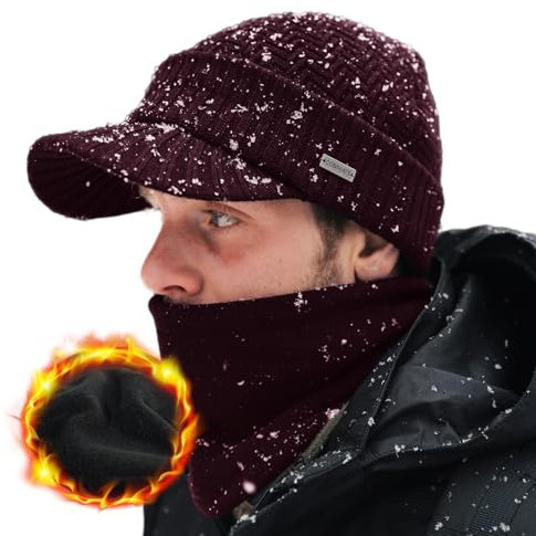 Comhats Winter Peaked Beanie Hat Men Wool Knitted Wooly Hats with Peak Visor Warm Golf Hats & Thermal Snood Fleece Neck Warmer for Ski Walking Burgundy M