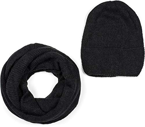 styleBREAKER Unisex Strick Loop Schal und Mütze Set, Einfarbiger Strickschal mit Beanie Strickmütze, Winter 01018214, Farbe:Schwarz