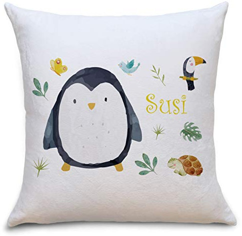 OWLBOOK Pinguin Safari Tiere Flauschige Kissenhülle mit Spruch Personalisiert mit Namen Geschenke Geschenkideen zur Geburt Baby Kind Mädchen Junge zur Taufe Baby