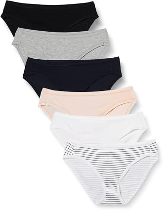Amazon Essentials Damen Unterwäsche Bikini Slips Baumwolle (in Übergröße erhältlich), 6er Pack, Mehrfarbig/Heide/Streifen, 36