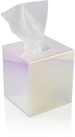 Boîte à Mouchoirs en Acrylique, Distributeur carré Transparent pour mouchoirs, Serviettes de Table, lingettes. Salle de Bain, Bureau, Meuble lavabo, Chambre, Table de Nuit (Carré, Irisé)