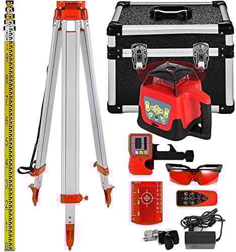 VEVOR Kit Livella Laser Rotante a 360 Gradi con Raggio Rosso + 1.65M Righello Misurazione in Alluminio + 5M Treppiede a 5 Sezioni