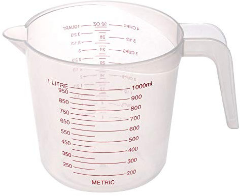 1L Jarra medidora de plástico, 1 L, de plástico, 1 L, de plástico, métrica transparente, de 1 L, taza de medición, agarre para cocinar ladridos de cocina, laboratorio, 1000 ml, recipiente graduado,