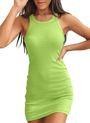 Samefar Mini abito aderente da donna con scollo rotondo senza maniche, Un verde a, S