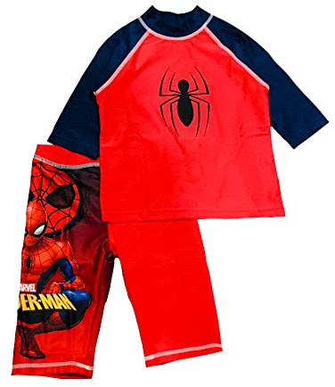 SPIDER-MAN Marvel Boys Swimming Costume, 2 Piece Swimwear Set with Rash Vest and Swim Shorts, Kids Beach Holiday Pool Swim Suit, Ages 2-10 Years