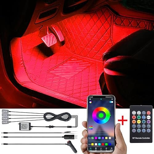 TABEN Kit de luz ambiental para el espacio para los pies del automóvil Sincronización música RGB 16 millones de colores Kit de iluminación ambiental USB Control remoto RF y control de aplicaciones 12V