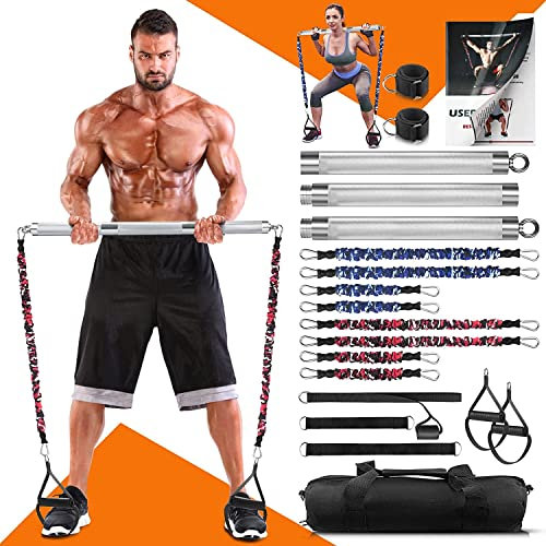 DASKING Tragbares itnessgeräte für zuhause mit 8 bruchfesten, stapelbaren Widerstandsbändern,Home Gym Band Bar Set, abnehmbare 227kg-2-in-1-Pilates-Stange mit Bändern. (Silber)