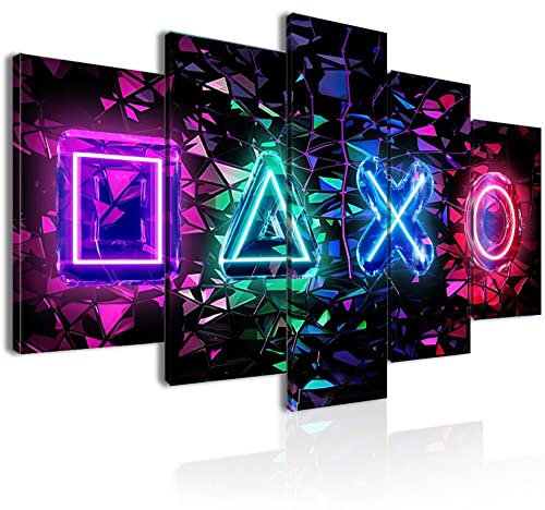 Décoration murale de jeu néon coloré en 3D - Symbole de jeu cool - Impression sur toile pour salle de jeux, Décoration Gaming Room - 5 pièces - Peinture de jeu vidéo amusante - 101,6 x 50,8 cm (l x H)