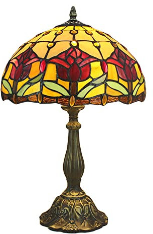 GAUUA Tiffany Tischlampe Tulip Flower Buntglas 12 Zoll Vintage Landhaus Schreibtischlampe Antike Nachttischlampe Nostalgie Art Deco Schlafzimmer Wohnzimmer,Rot