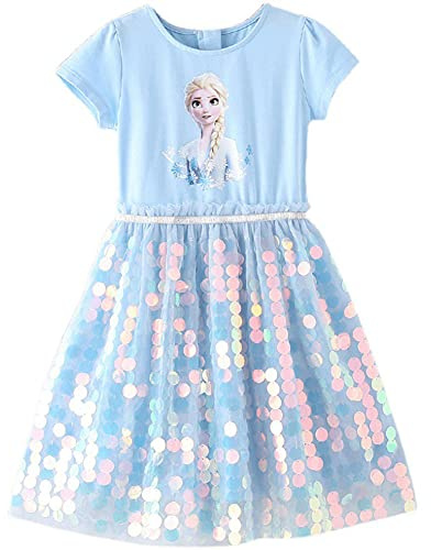 Ravent ELSA Kleider Glanz Sommer-Kleid Kurzarm Frozen Eiskönigin Prinzessin Eisprinzessin Kostüm mit Cape Mädchen Kinder 90cm - 150cm
