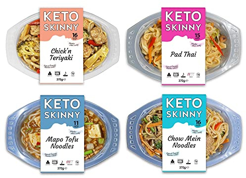 Keto Skinny Variety Pack Meal (Pack of 4, 370g)– Mapo Tofu, Chow Mein, Pad Thai & Chick'n Teriyaki, Made from Organic Konjac Flour, Vegan Friendly & Free-from One of Each Mix Pack | Ready to Eat