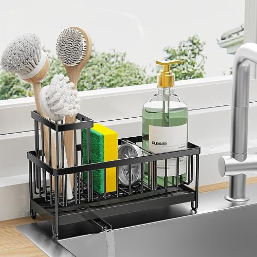 Cisily Portaesponjas para fregadero de cocina, organizador de fregadero con soporte alto para cepillos, acero inoxidable 304, divisor para jabón y almacenamiento del dispensador, negro