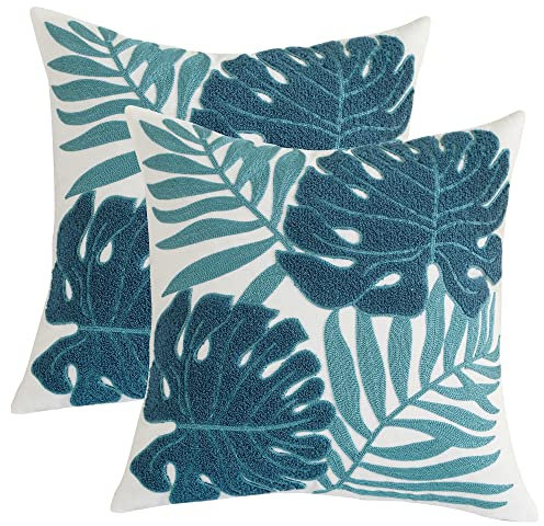 Tosleo 2 Stück Tropische Kissenbezug Pflanzen 45x45CM Deko Bestickt Wurfkissenbezüge Baumwolle Leinen Kissenhülle Sofa Kissenbezug Outdoor Garten