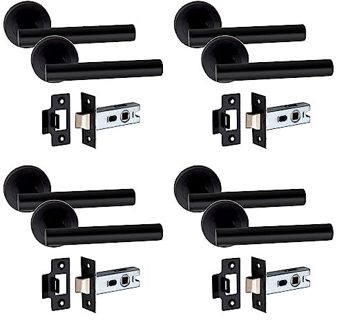 Golden Grace Straight T-Bar Design Door Handles on Round Rose with 2.5 Tubular Latch in Matt Black Finish, 4 Pairs - 52mm Diameter