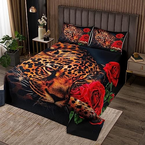 3D Leopard Tagesdecke Jungen Mädchen Rot Rose Bettüberwurf 240x260cm Kinder Dekorative Safari Gepard Drucken Steppdecke Daunendecke Wildes Tier Thema Decke Steppdecke Luxus 3St