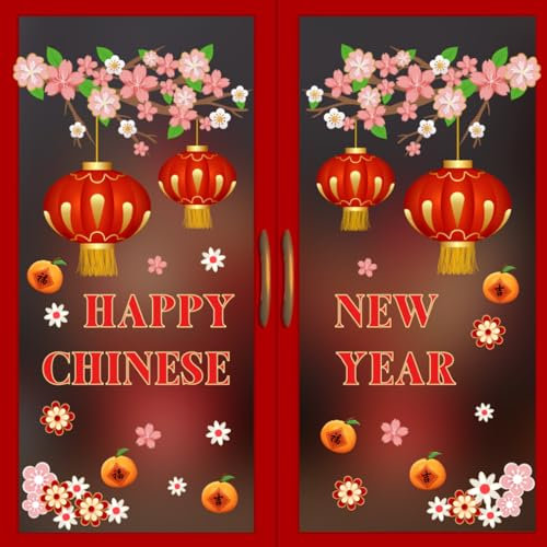 HPNIUB Fensteraufkleber Happy Chinese New Year, Frühlingsfest, rote Laternen, rosa Pfirsichblüten, Blumen 2024, Jahr des Drachen, Fensteraufkleber, Happy New Year, Wandkunst für Schlafzimmer,