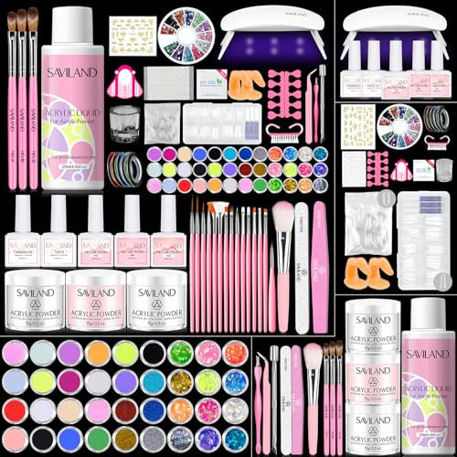SAVILAND Acrylic Nail Kit with Everything: Nails Kit Acrylic Set for Beginner 3 Color Acrylics Powder Gel Polish Set 36pcs Glitter Powder Nail Decoration Foldable U V Lamp Professional Set