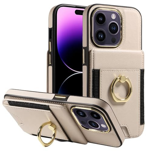 S. Tedazo Wallet Case for iPhone 15 Pro Beige | 6.1 inch, with Credit Card Holder, 360° Rotation Ring Stand, RFID Block, Flip Leather, Shockproof Cover