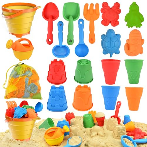 Beach Toys Set for Kids, Collapsible Sand Bucket and Shovels Set with Watering Can,Mesh Bag, Ice Cream &Animal Sand Molds,Travel Beach Toys for Toddler Boys Girls Age 3 4 5 6 7 8+